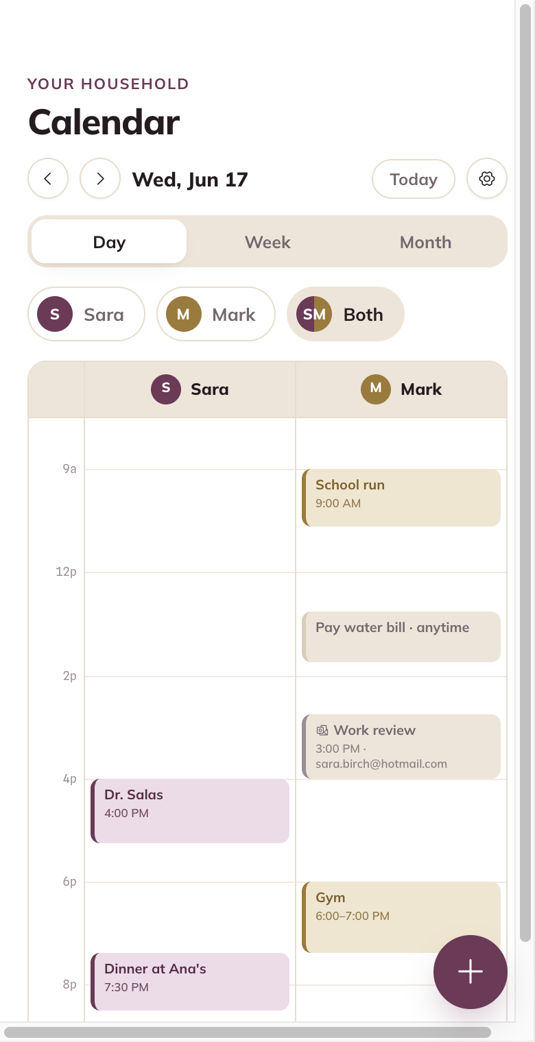 Relay's household calendar: Sara and Mark's days side by side, with events, an anytime task, and a synced Outlook event in its own color