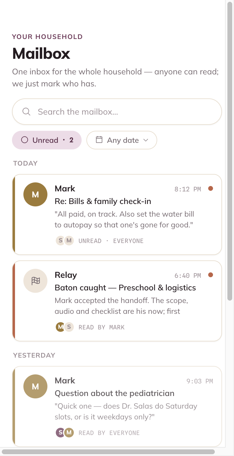 Relay's household mailbox: a shared inbox with search, an unread filter, and read-by avatars showing who in the household has read each mail